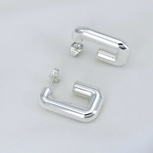 Silver Rectangle J-Shaped Earrings | Platinum Plated | Lightweight Jewelry